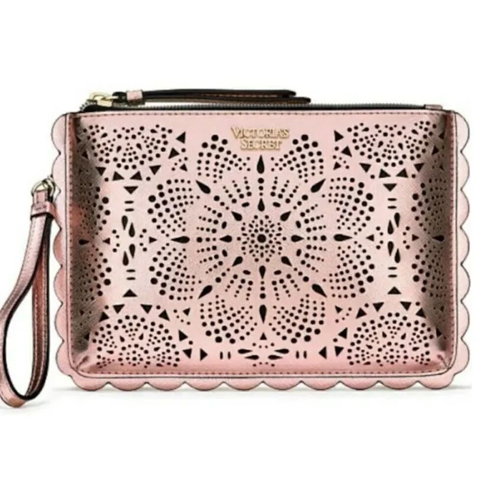 NWT Victorias Secret Metallic Pink Rose Laser Cut Night Out Wristlet Pouch Bag - Picture 1 of 7